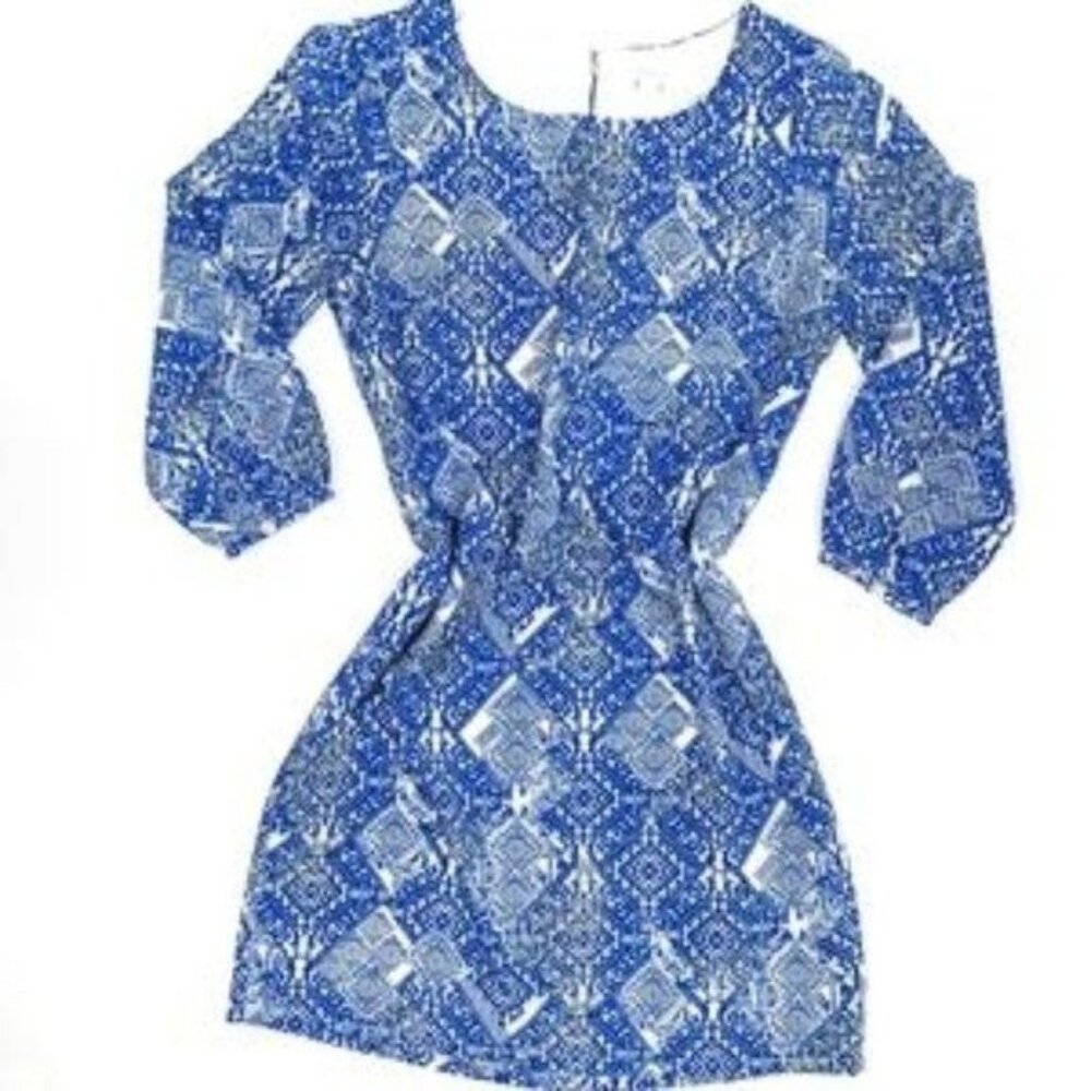 Piperlime Collection BOHO Blue White Abstract Print Pullover Dress Size Small
